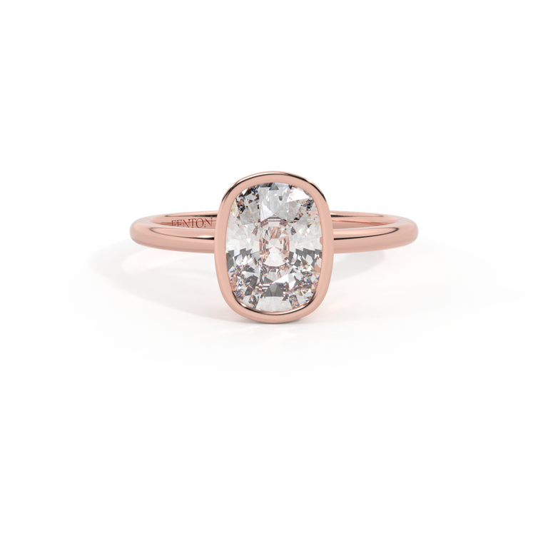 Naturally Mined Diamond Bezel Elongated Cushion Cut 18k Rose Gold Ring