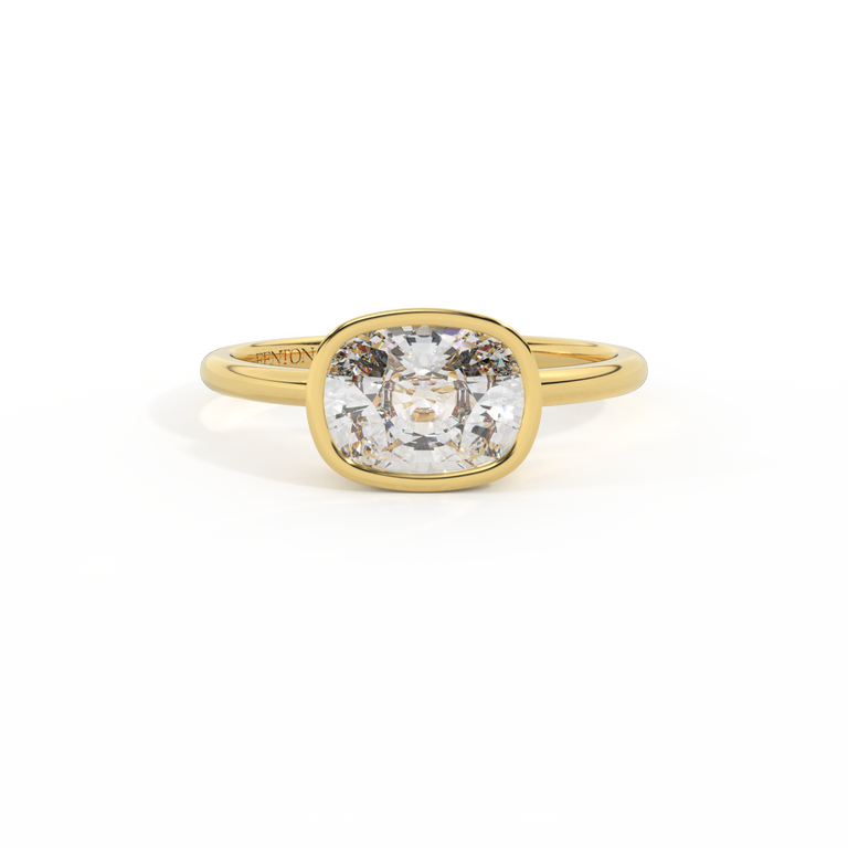 Naturally Mined Diamond Bezel Elongated Cushion Cut 18k Yellow Gold Ring