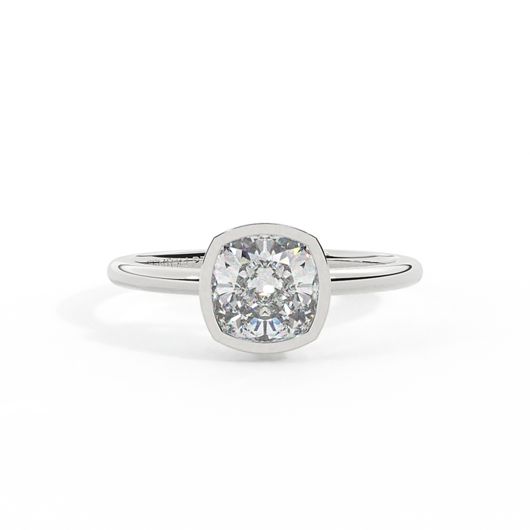 Naturally Mined Diamond Bezel Cushion Cut Platinum Ring