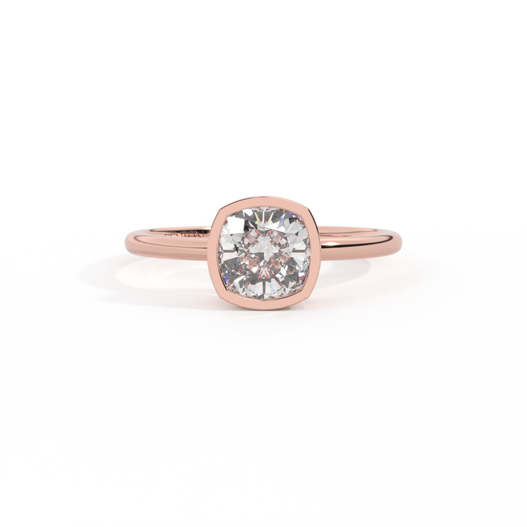Naturally Mined Diamond Bezel Cushion Cut 18k Rose Gold Ring