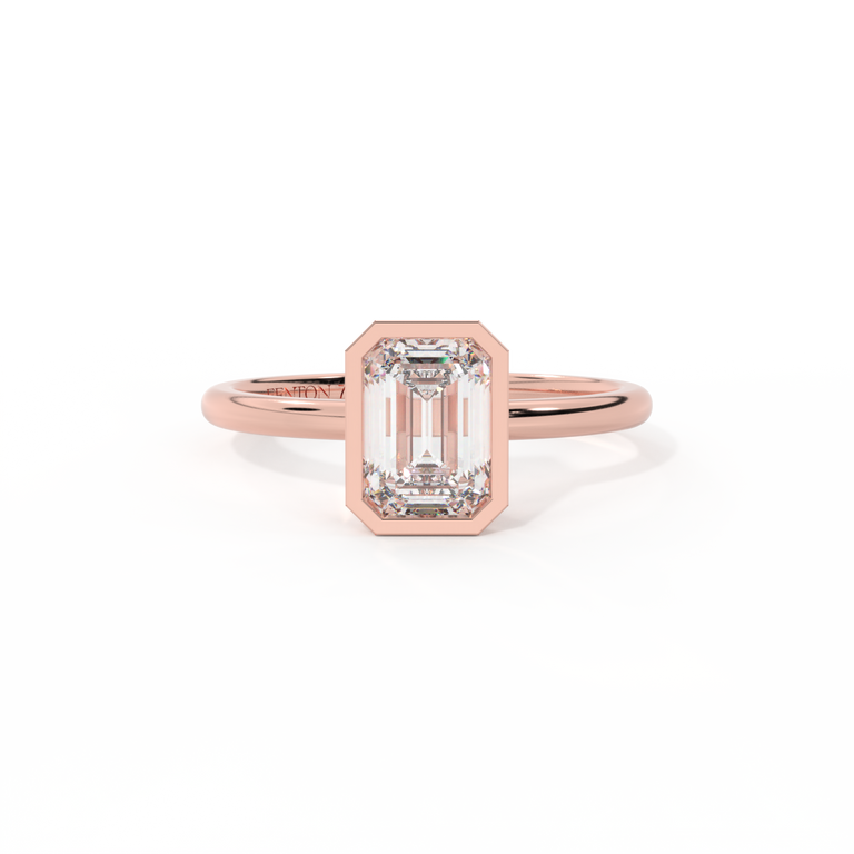 Lab Grown Solar Diamond Bezel Emerald Cut 18k Rose Gold Ring