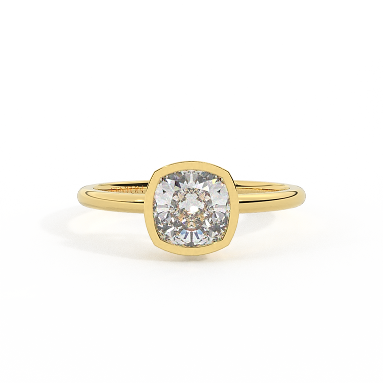 Lab Grown Diamond Bezel Cushion Cut 18k Yellow Gold Ring