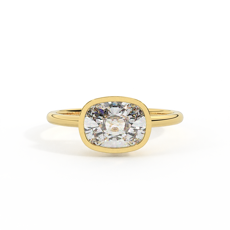 Lab Grown Diamond Bezel Elongated Cushion Cut 18k Yellow Gold Ring