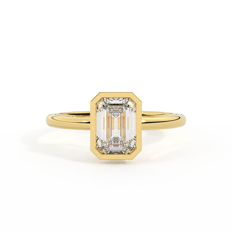 Lab Grown Diamond Bezel Emerald Cut 18k Yellow Gold Ring