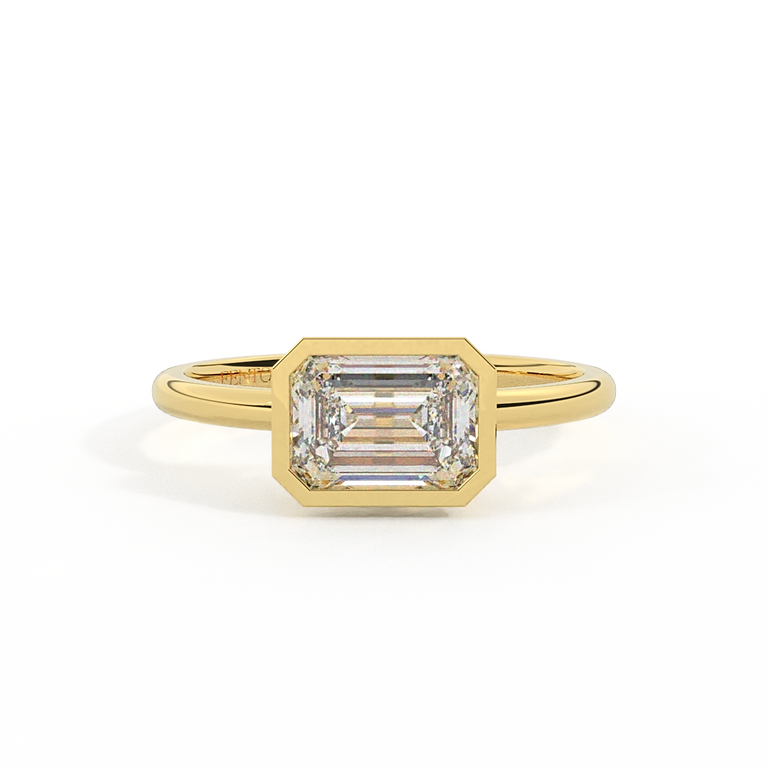 Lab Grown Diamond Bezel Emerald Cut 18k Yellow Gold Ring