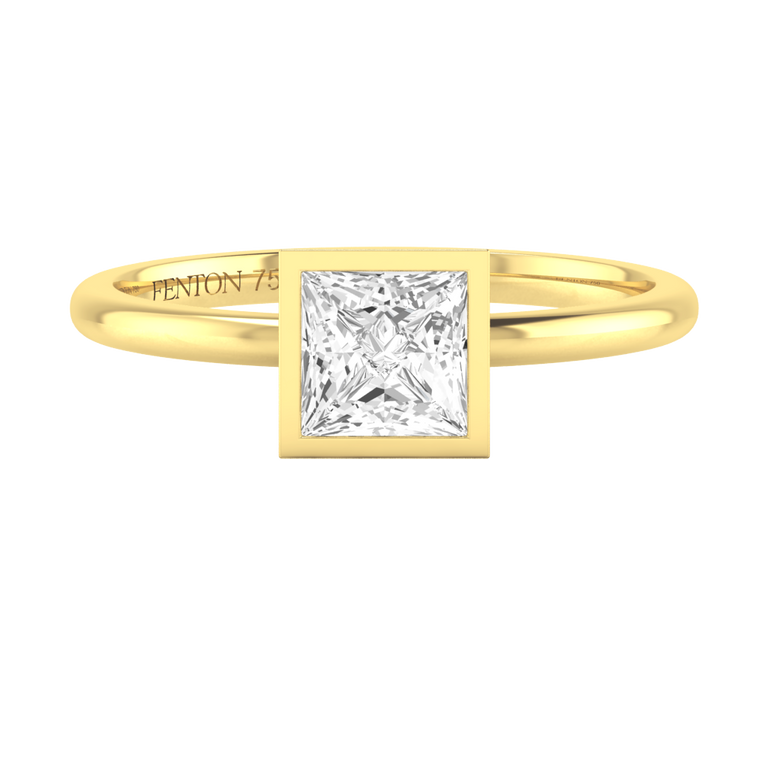 Naturally Mined Diamond Bezel Princess Cut 18k Yellow Gold Ring
