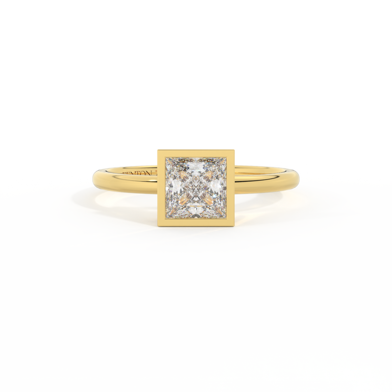 Naturally Mined Diamond Bezel Princess Cut 18k Yellow Gold Ring