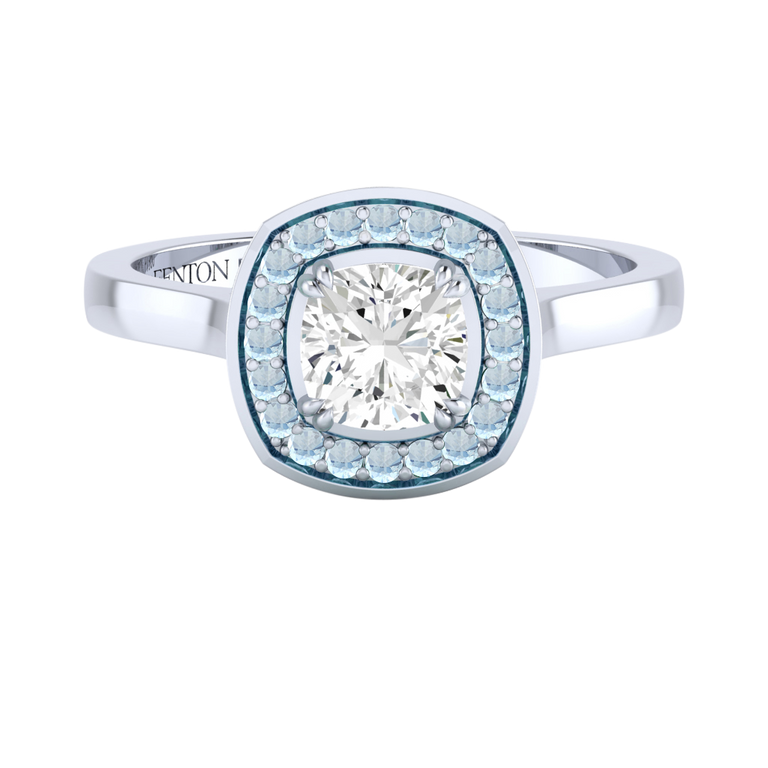 Naturally Mined Diamond Deco Cushion Cut Diamond and Aquamarine Platinum Ring