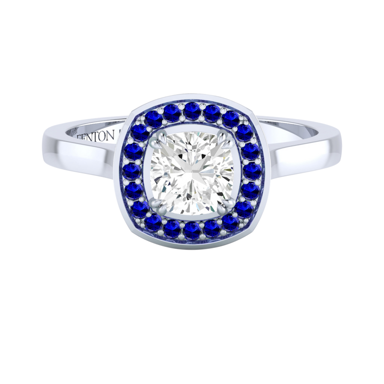 Naturally Mined Diamond Deco Cushion Cut Diamond and Blue Sapphire Platinum Ring