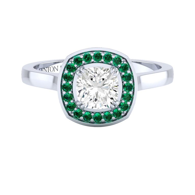 Naturally Mined Diamond Deco Cushion Cut Diamond and Emerald Platinum Ring