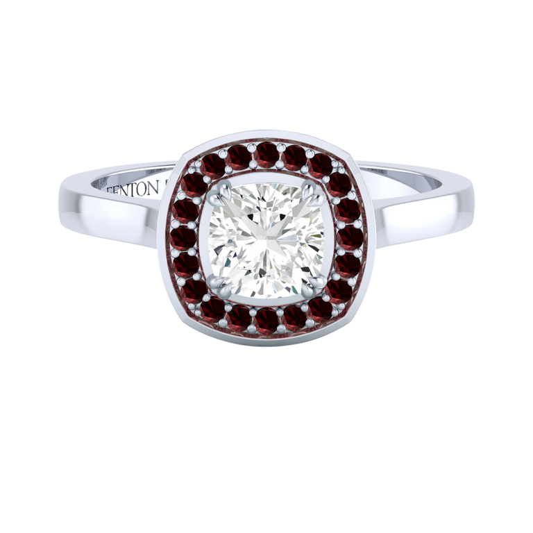 Naturally Mined Diamond Deco Cushion Cut Diamond and Garnet Platinum Ring