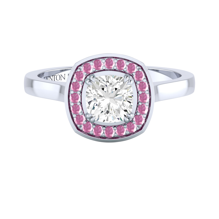 Naturally Mined Diamond Deco Cushion Cut Diamond and Pink Sapphire Platinum Ring