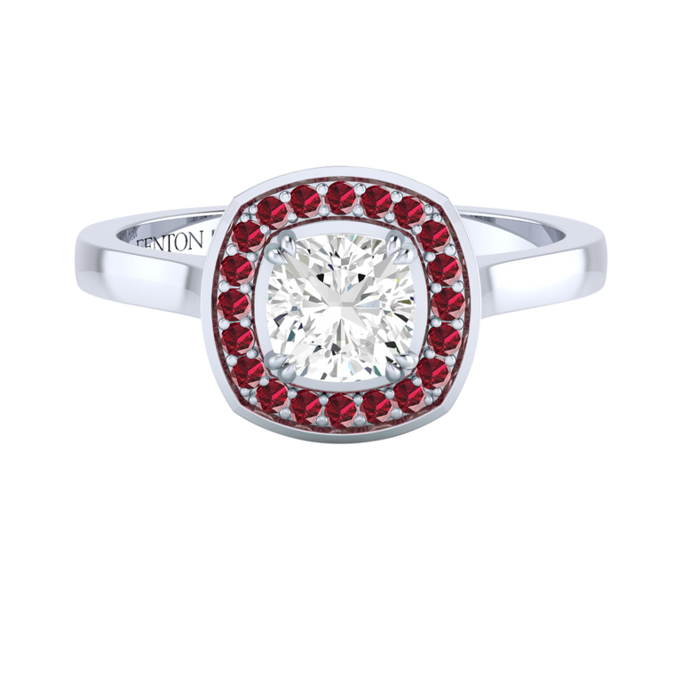 Naturally Mined Diamond Deco Cushion Cut Diamond and Ruby Platinum Ring