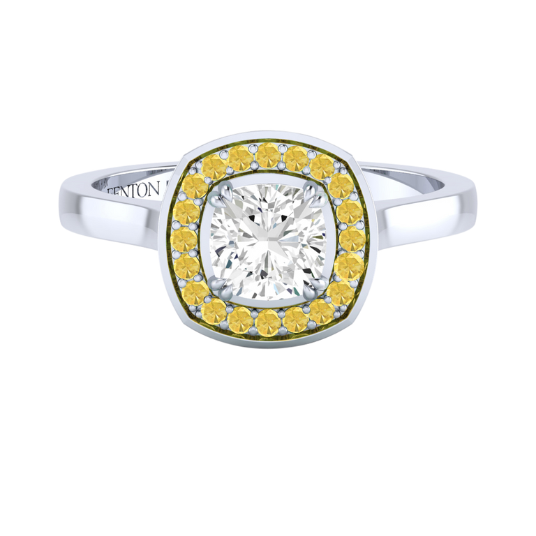 Naturally Mined Diamond Deco Cushion Cut Diamond and Yellow Sapphire Platinum Ring