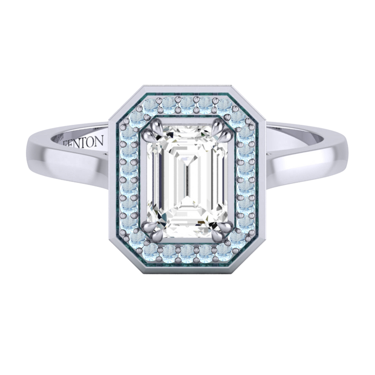 Naturally Mined Diamond Deco Emerald Cut Diamond and Aquamarine Platinum Ring