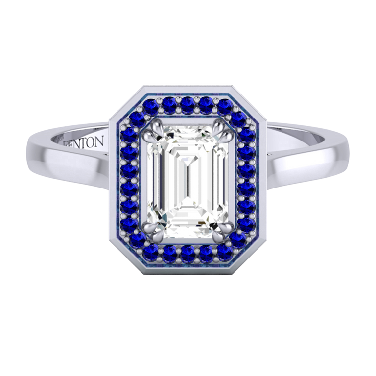 Naturally Mined Diamond Deco Emerald Cut Diamond and Blue Sapphire Platinum Ring