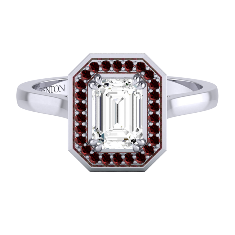 Naturally Mined Diamond Deco Emerald Cut Diamond and Garnet Platinum Ring