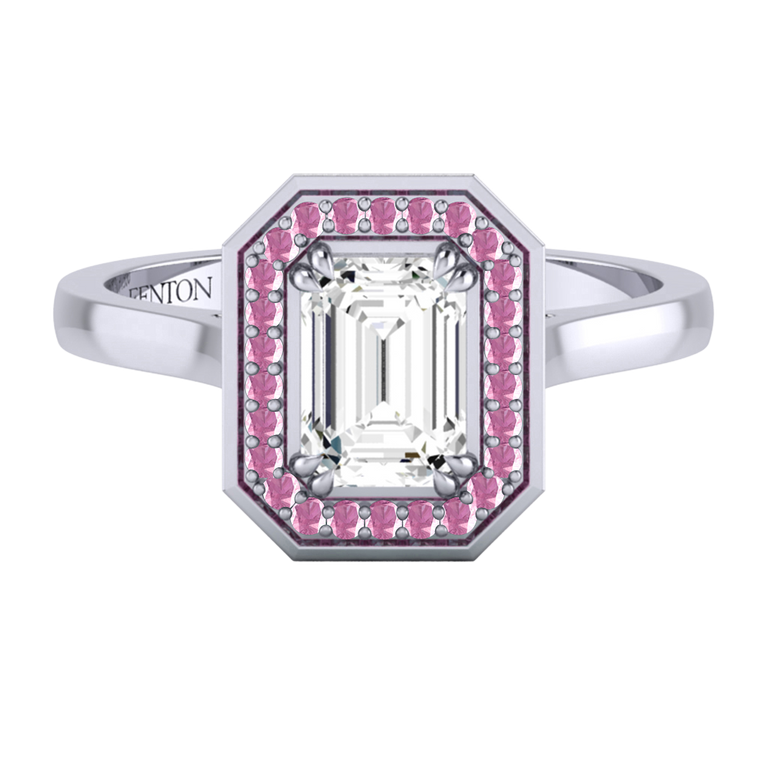 Naturally Mined Diamond Deco Emerald Cut Diamond and Pink Sapphire Platinum Ring