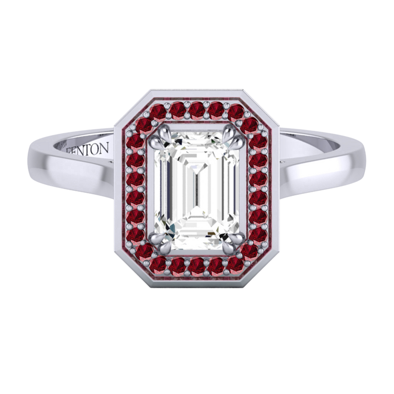 Naturally Mined Diamond Deco Emerald Cut Diamond and Ruby Platinum Ring