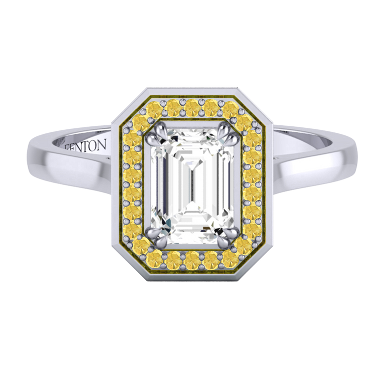 Naturally Mined Diamond Deco Emerald Cut Diamond and Yellow Sapphire Platinum Ring