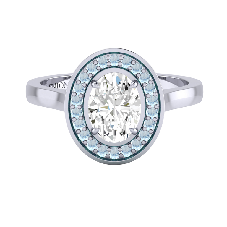 Naturally Mined Diamond Deco Oval Cut Diamond and Aquamarine Platinum Ring