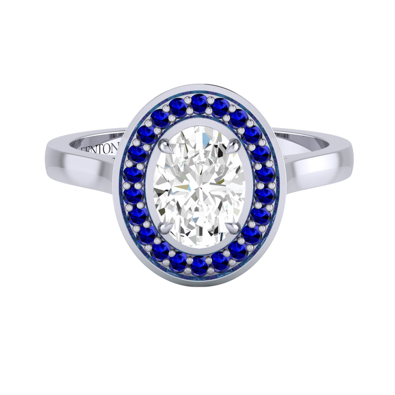 Naturally Mined Diamond Deco Oval Cut Diamond and Blue Sapphire Platinum Ring