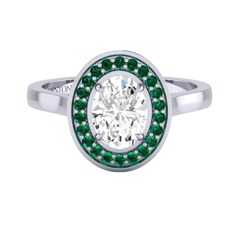 Solar Diamond Deco Oval Cut Diamond and Emerald Platinum Ring