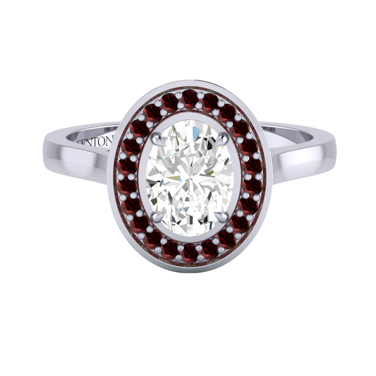 Naturally Mined Diamond Deco Oval Cut Diamond and Garnet Platinum Ring