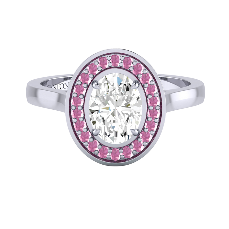 Naturally Mined Diamond Deco Oval Cut Diamond and Pink Sapphire Platinum Ring