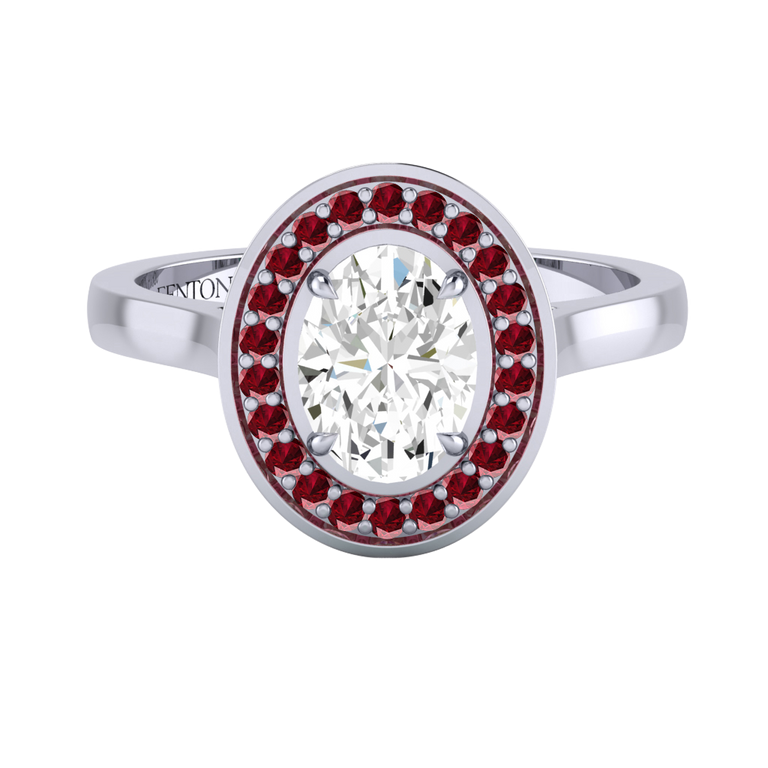 Solar Diamond Deco Oval Cut Diamond and Ruby Platinum Ring