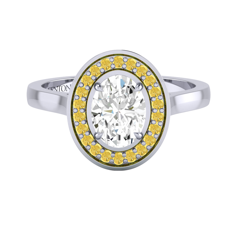 Naturally Mined Diamond Deco Oval Cut Diamond and Yellow Sapphire Platinum Ring