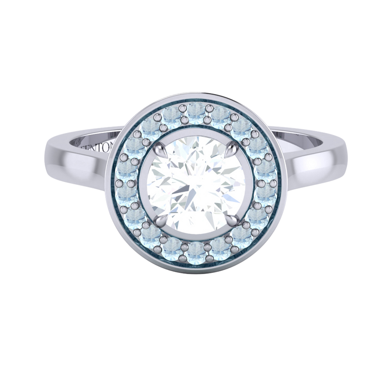 Naturally Mined Diamond Deco Round Cut Diamond and Aquamarine Platinum Ring