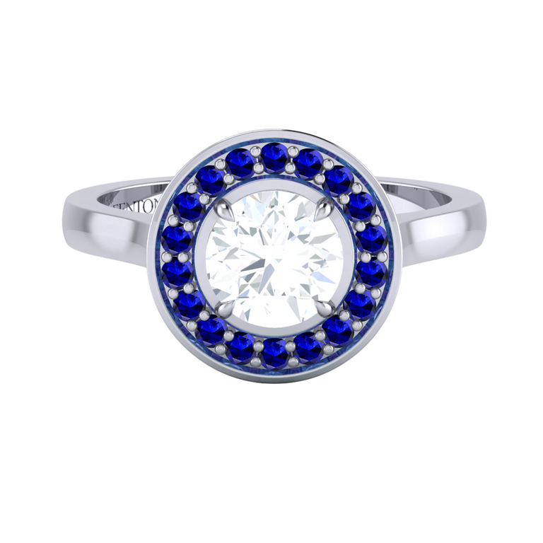 Naturally Mined Diamond Deco Round Cut Diamond and Blue Sapphire Platinum Ring