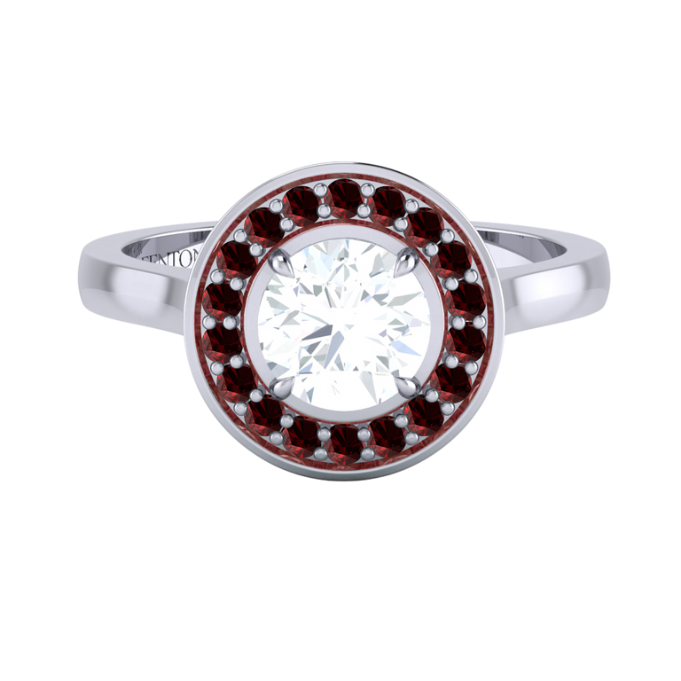 Naturally Mined Diamond Deco Round Cut Diamond and Garnet Platinum Ring