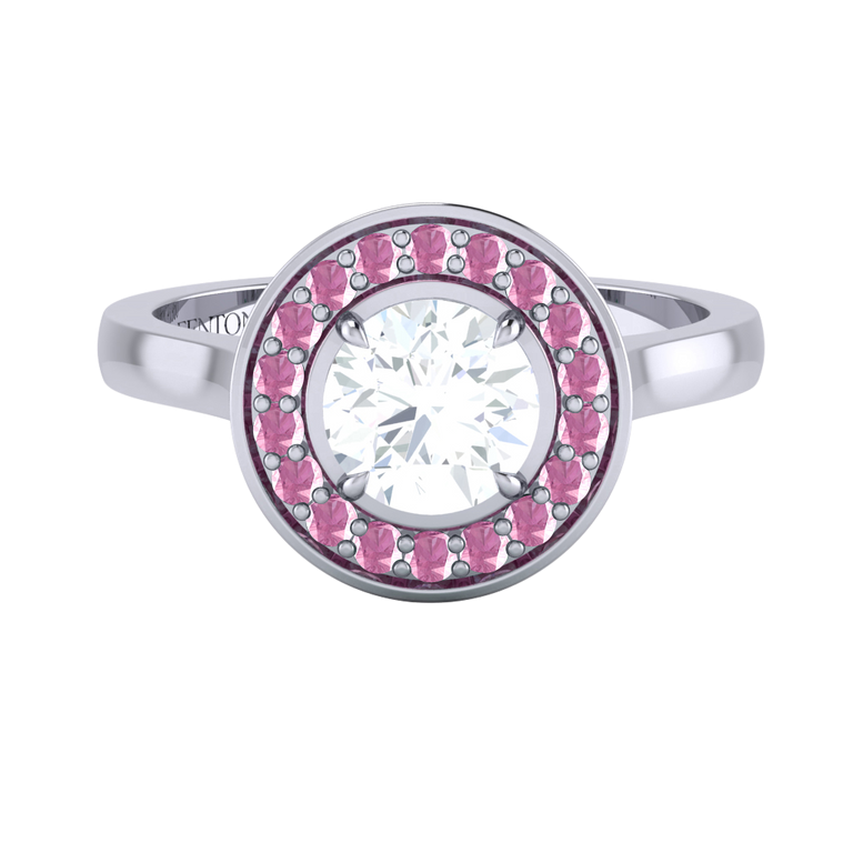 Naturally Mined Diamond Deco Round Cut Diamond and Pink Sapphire Platinum Ring