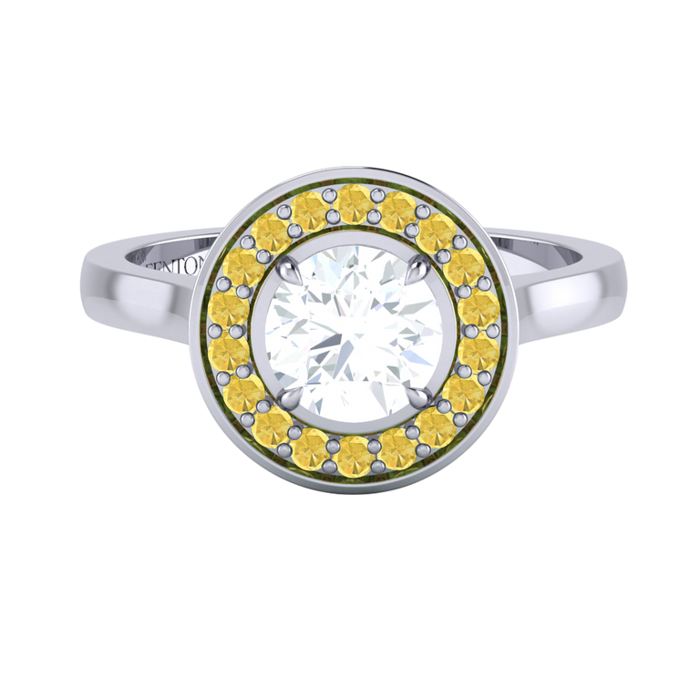 Naturally Mined Diamond Deco Round Cut Diamond and Yellow Sapphire Platinum Ring