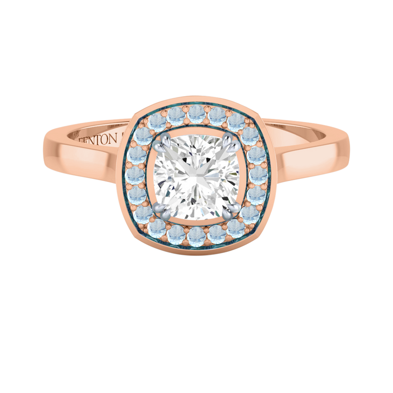 Naturally Mined Diamond Deco Cushion Cut Diamond and Aquamarine 18k Rose Gold Ring