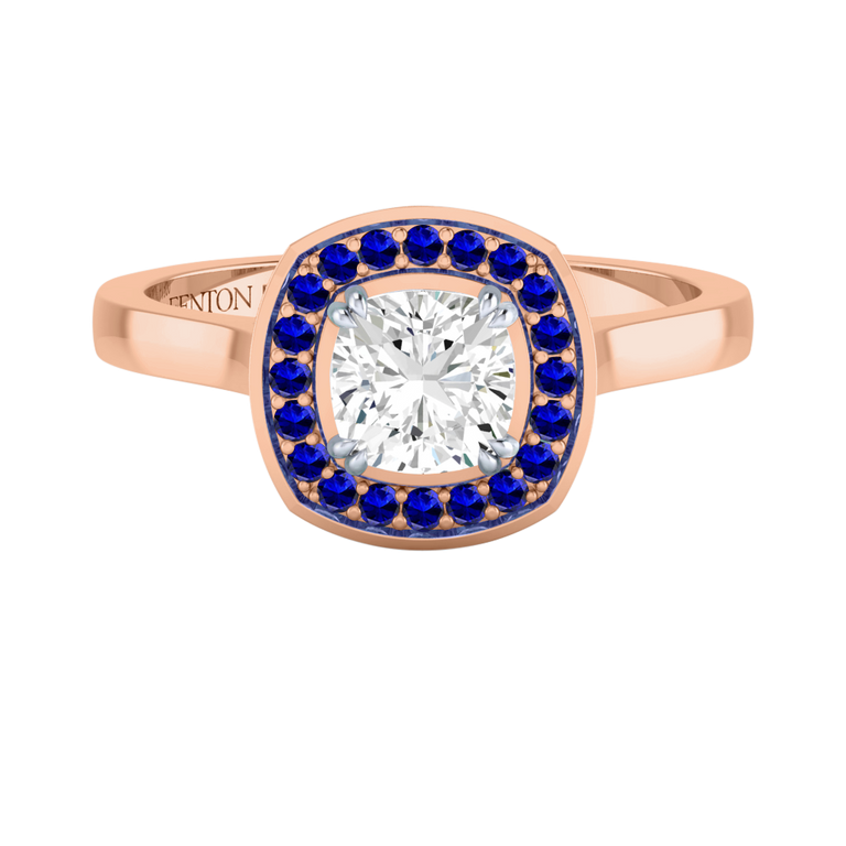 Naturally Mined Diamond Deco Cushion Cut Diamond and Blue Sapphire 18k Rose Gold Ring