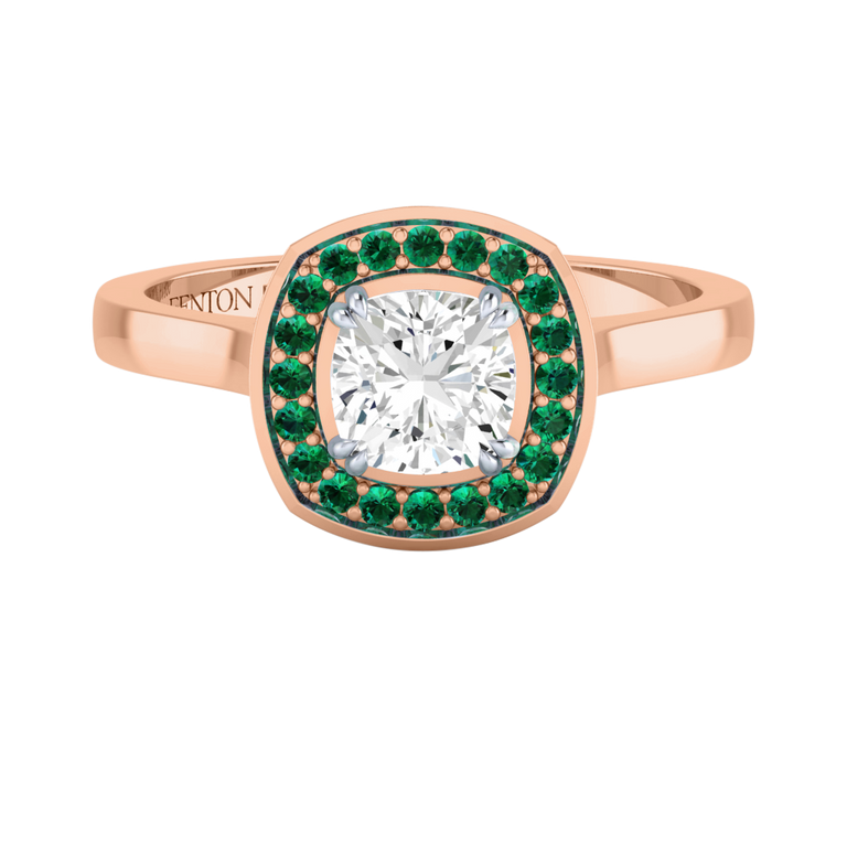 Naturally Mined Diamond Deco Cushion Cut Diamond and Emerald 18k Rose Gold Ring