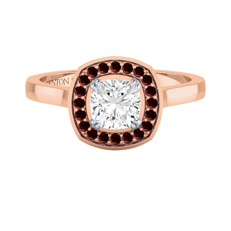 Naturally Mined Diamond Deco Cushion Cut Diamond and Garnet 18k Rose Gold Ring