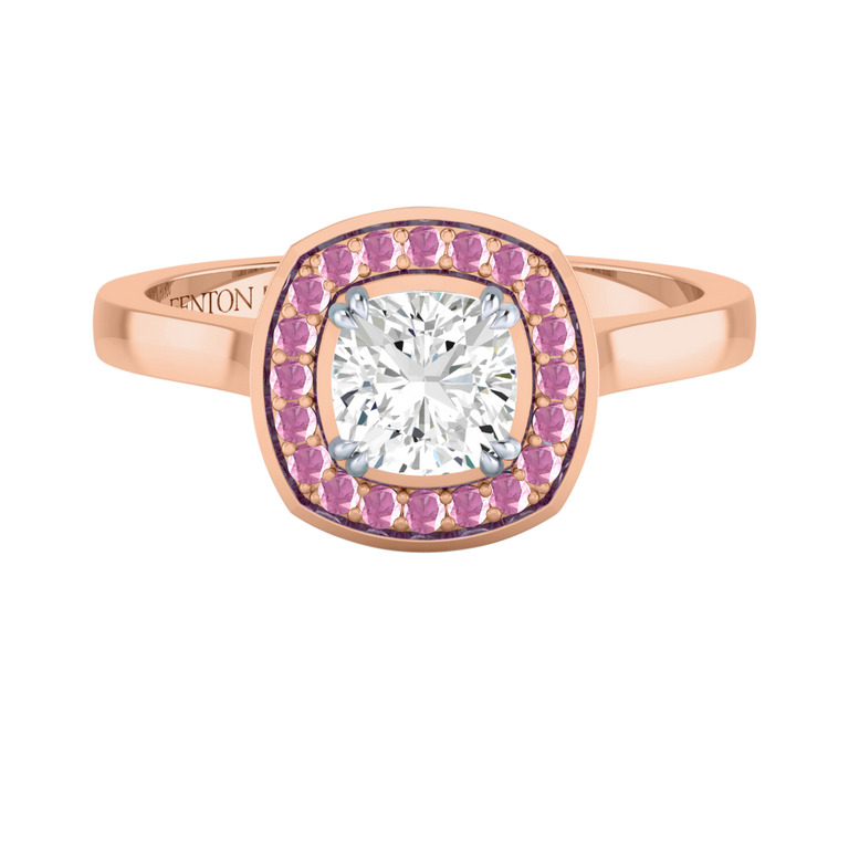 Naturally Mined Diamond Deco Cushion Cut Diamond and Pink Sapphire 18k Rose Gold Ring