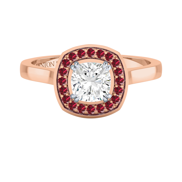 Naturally Mined Diamond Deco Cushion Cut Diamond and Ruby 18k Rose Gold Ring