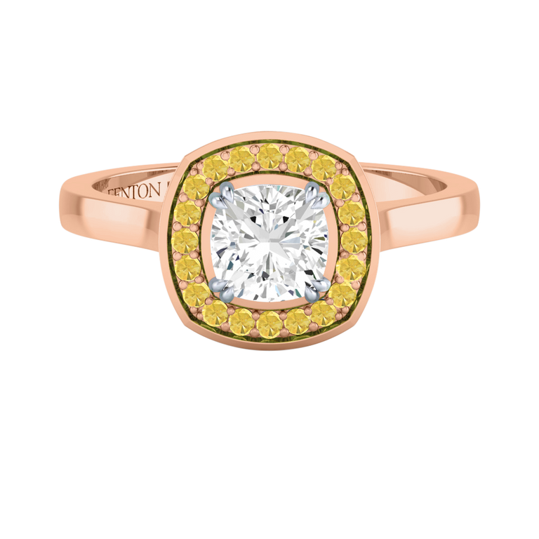 Naturally Mined Diamond Deco Cushion Cut Diamond and Yellow Sapphire 18k Rose Gold Ring