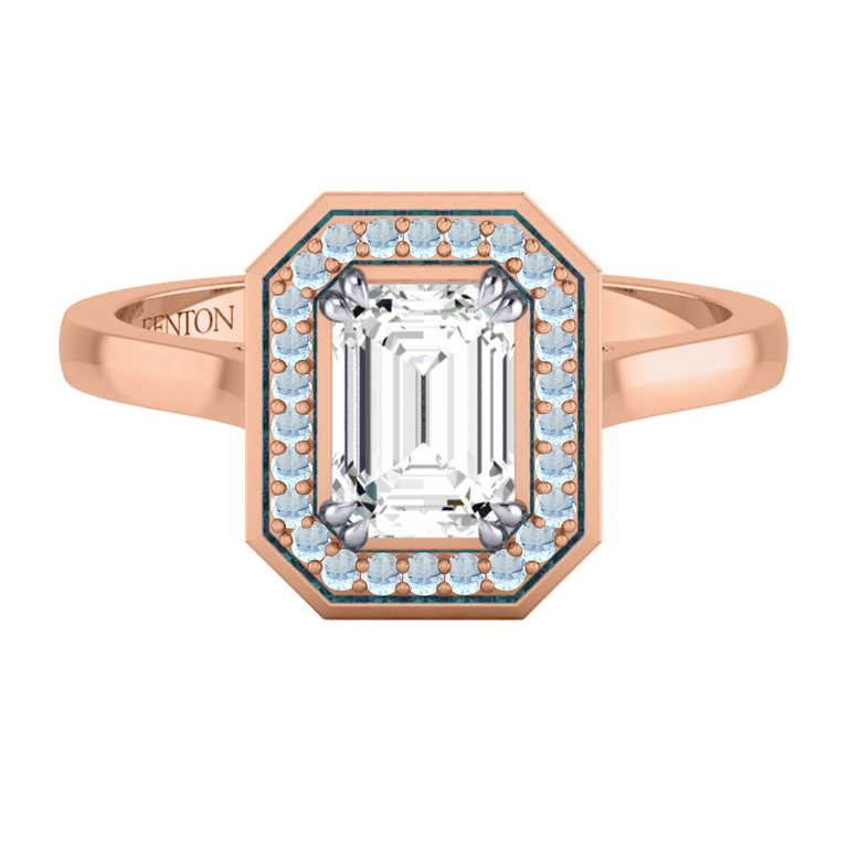 Naturally Mined Diamond Deco Emerald Cut Diamond and Aquamarine 18k Rose Gold Ring