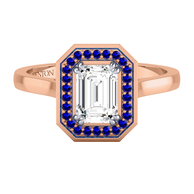 Naturally Mined Diamond Deco Emerald Cut Diamond and Blue Sapphire 18k Rose Gold Ring