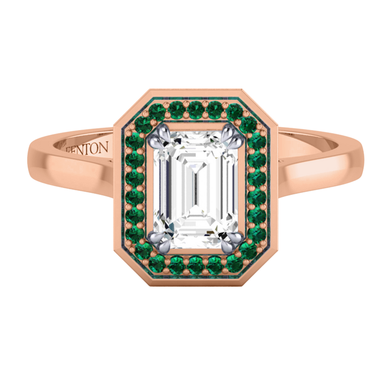 Naturally Mined Diamond Deco Emerald Cut Diamond and Emerald 18k Rose Gold Ring