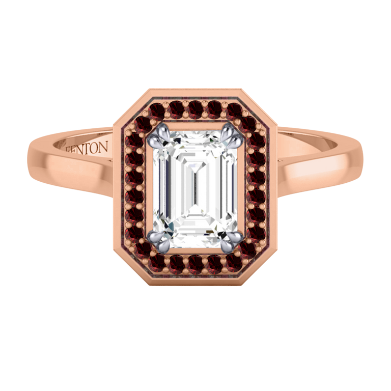 Naturally Mined Diamond Deco Emerald Cut Diamond and Garnet 18k Rose Gold Ring