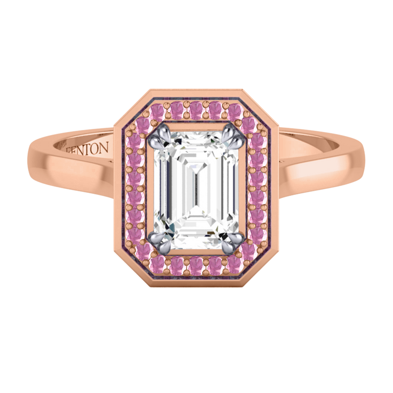 Naturally Mined Diamond Deco Emerald Cut Diamond and Pink Sapphire 18k Rose Gold Ring