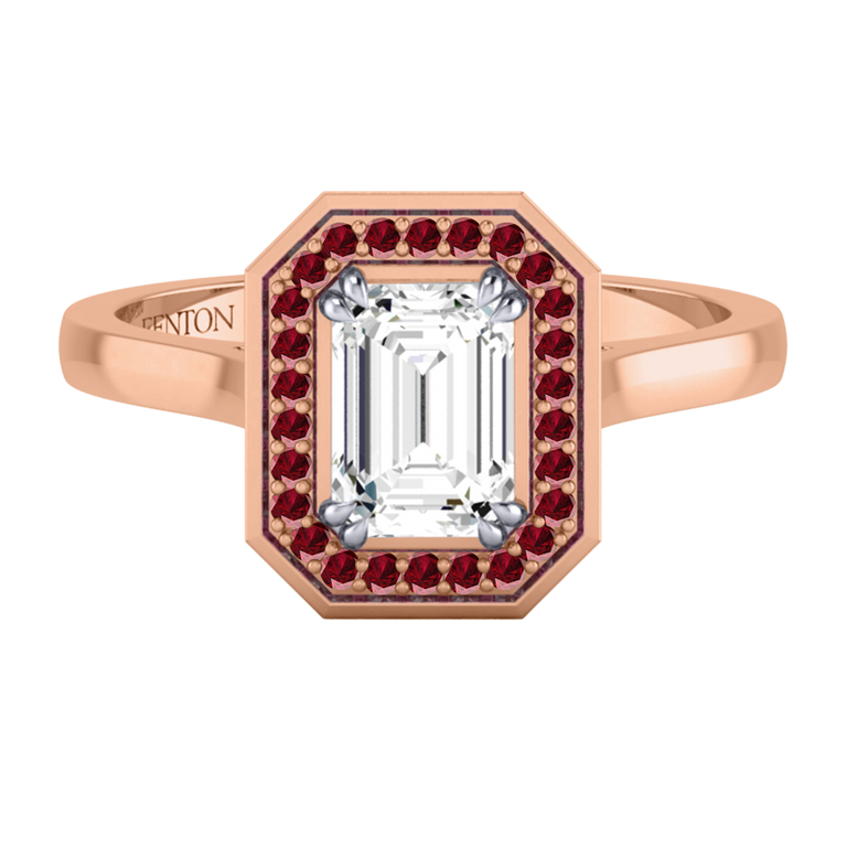 Naturally Mined Diamond Deco Emerald Cut Diamond and Ruby 18k Rose Gold Ring