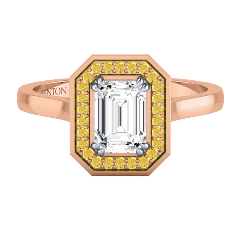 Naturally Mined Diamond Deco Emerald Cut Diamond and Yellow Sapphire 18k Rose Gold Ring